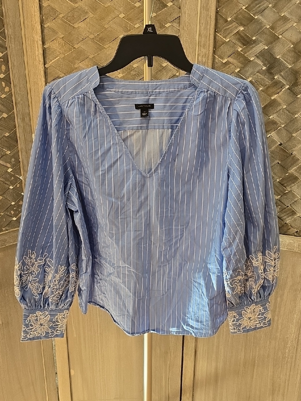 Ann Taylor Blue Pinstripe V-Neck Blouse with Embroidered Cuffs